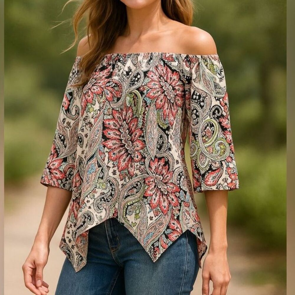 ECI New York Large Paisley Off Shoulder Blouse Boho Handkerchief Hem